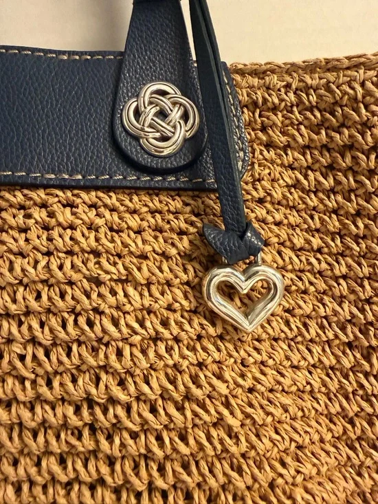 Brighton Lena Straw Tote Blue Leather Trim | Interlok Knot Charm Coastal Chic - Picture 5 of 10